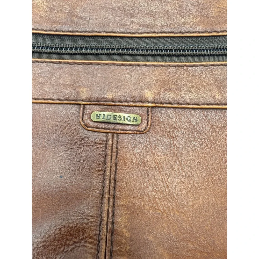 Hidesign Vintage Brown Leather Briefcase Plaid Lining Brass Hardware Messenger